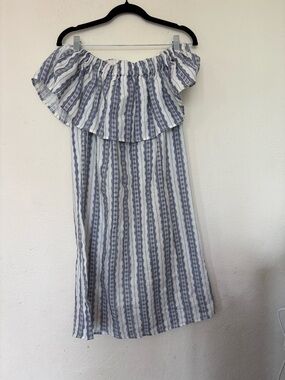 Sea Cream and Navy Off the Shoulder Midi Dress